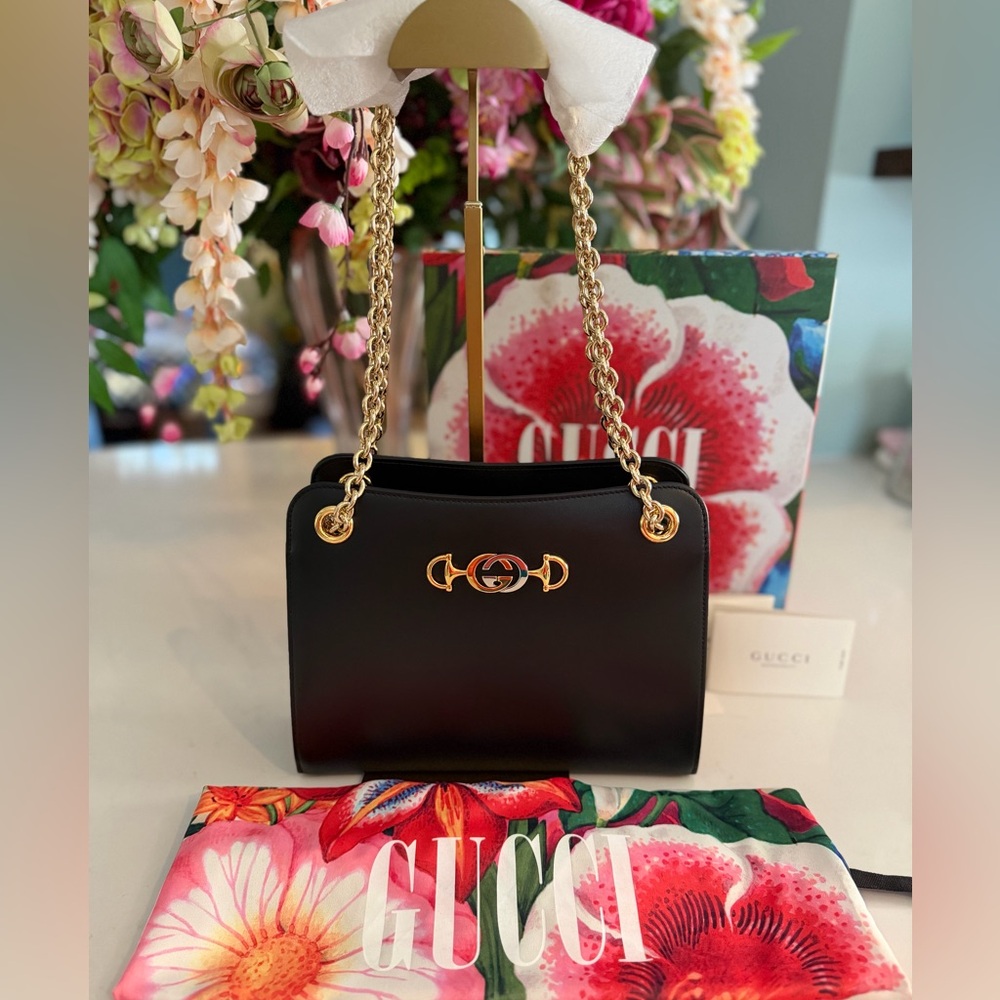 Gucci NWT Zumi Embellished Leather Shoulder Bag In Black ~ Full Inclusion